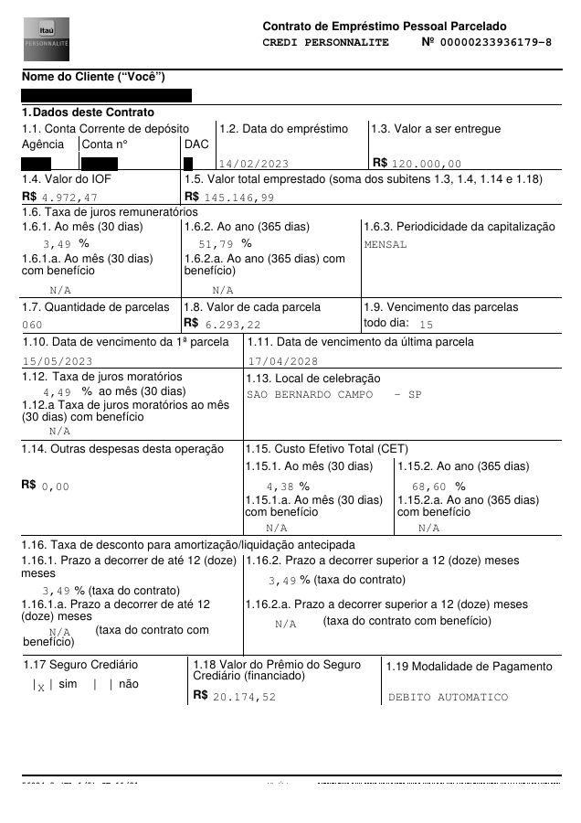 Primeira página de contrato de empréstimo pessoal com dados pessoais tarjados