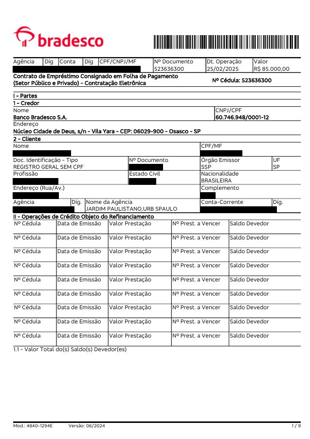 Primeira página de contrato de empréstimo consignado com dados pessoais tarjados